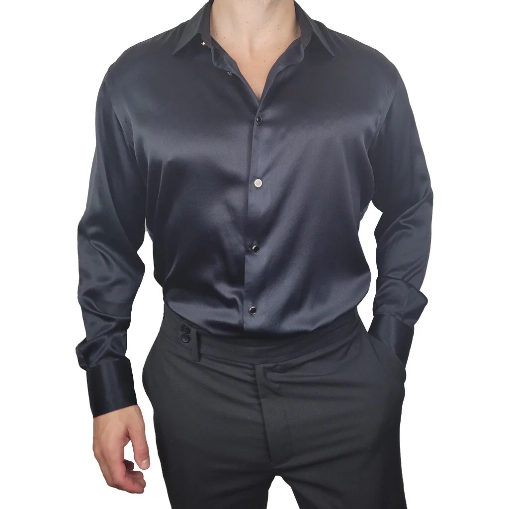 Black silk dress shirt men